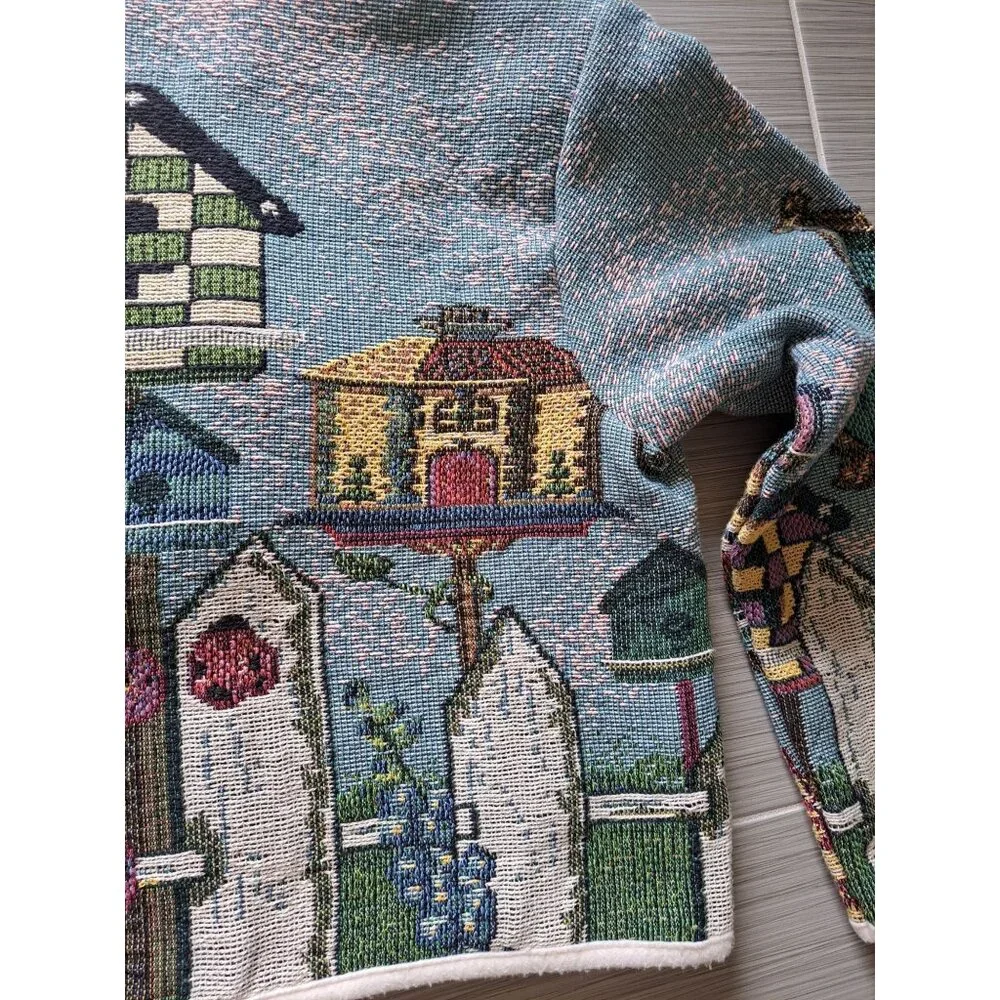 Vtg Birdhouse Tapestry Knit Cardigan Jacket Women's XL Sugar Street Artsy Whimsy - Picture 11 of 12